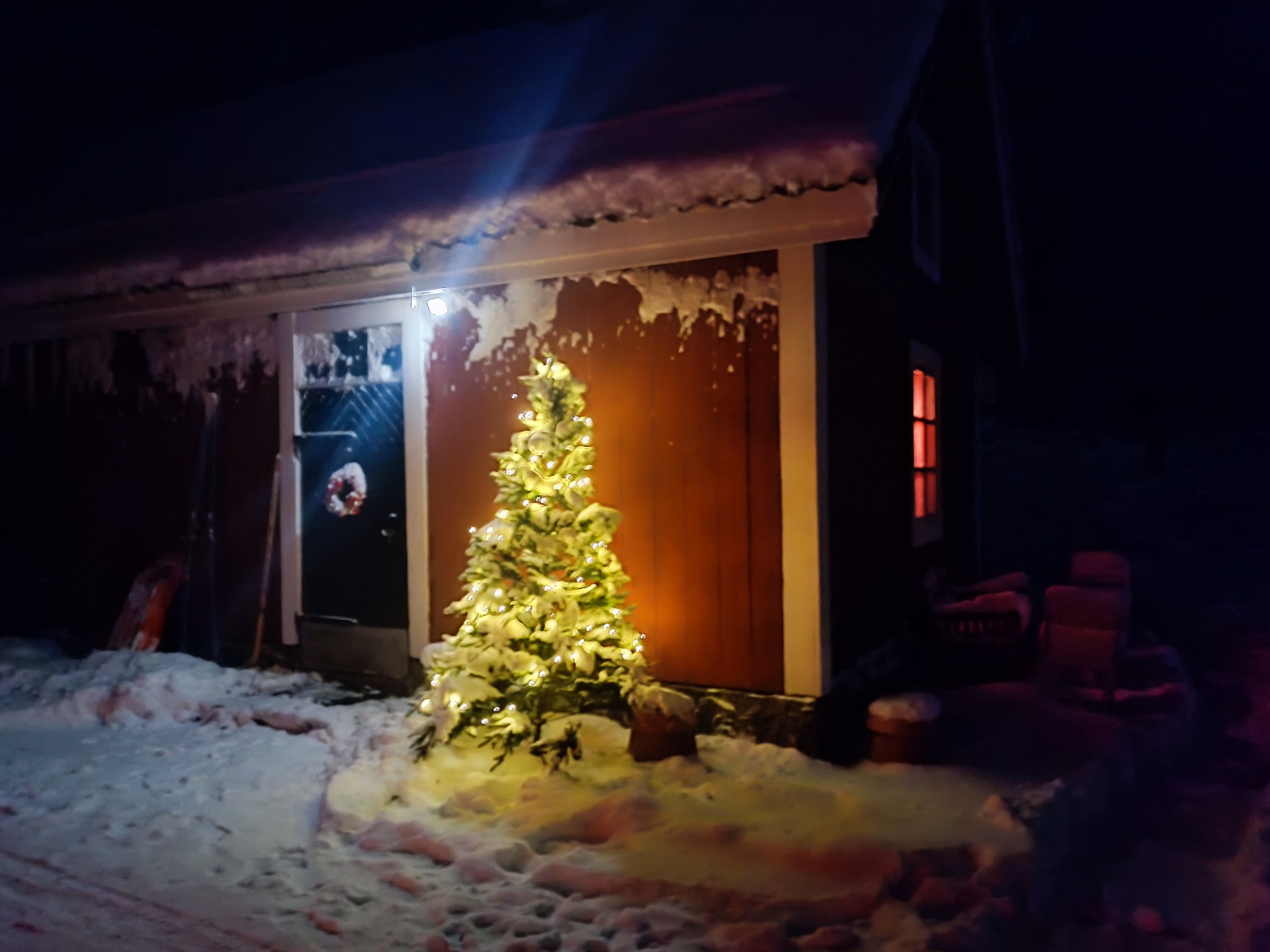 Yömyöhäinen ulko-ovi, luminen piha ja valaistu joulukuusi.